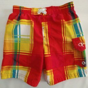 OP Boys Bright Red Yellow Tartan Plaid Swim Trunks